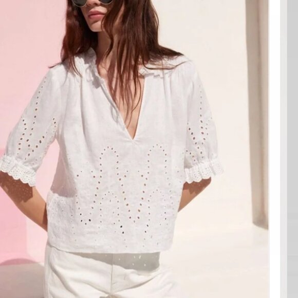 AYR Allora Embroidered Eyelet Linen Blouse White M - Picture 1 of 16